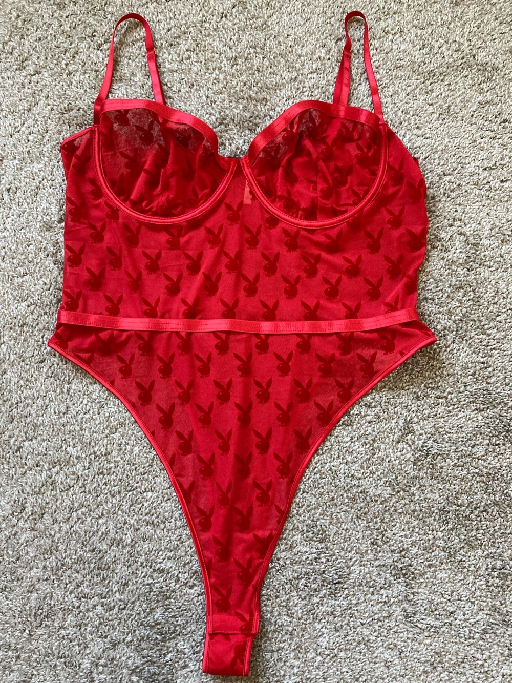 Playboy sheer flocked velvet bunny head thong teddy lingerie sz 2x